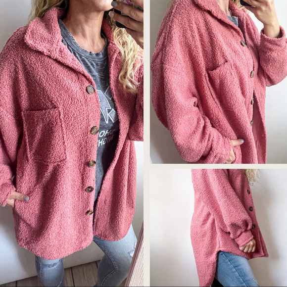 Last One! KEATON • BUTTON DOWN SHERPA SHACKET Pink - Picture 1 of 10